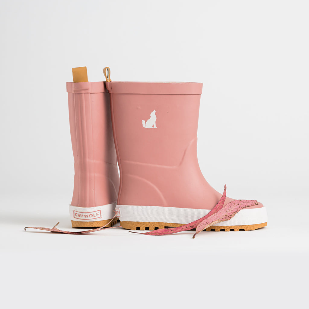 Crywolf Rainboots Dusty Rose With Leaves On The Floor - Side View